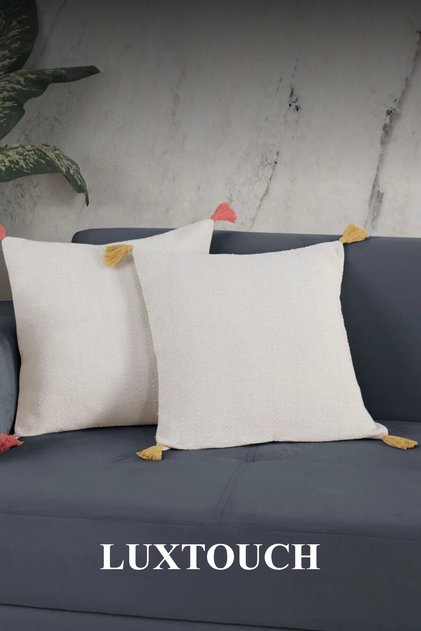 Bergama ecru 2-piece colorful pom-pom pillow cover set, 45 x 45 cm cushion cover with zipper and tassels