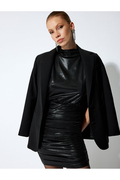 Mini Faux Leather Dress Padded Draped Sleeveless High Neck Slim Fit