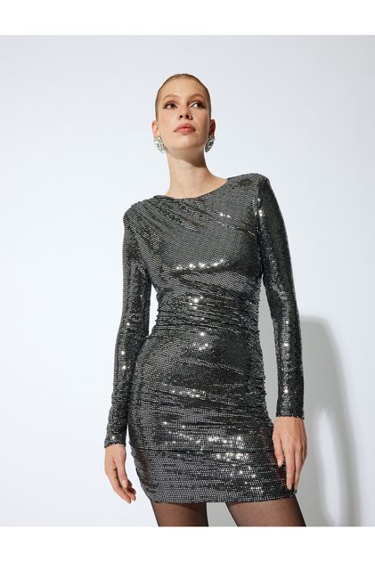 Evening Dress Sequined Mini Padded Draped Crew Neckline