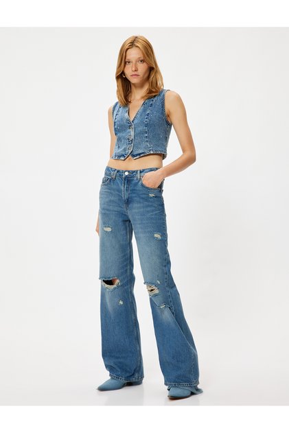 Wide Leg Jeans with Distressed Details, Regular Waist, Pockets, Cotton - Wide Leg Jeans