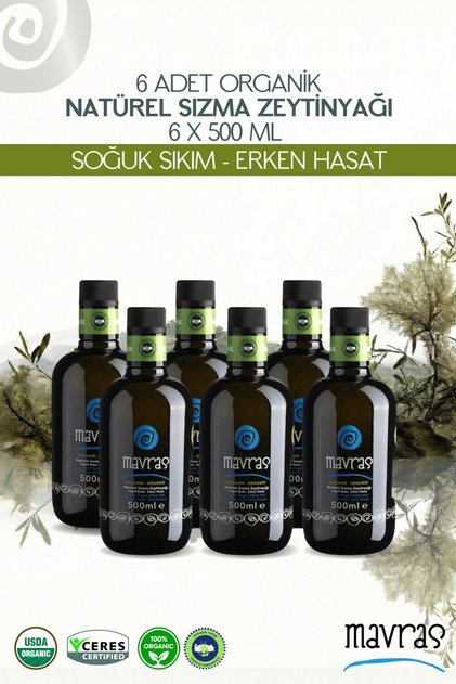 6 Adet - Organik Soğuk Sıkım Natürel Sızma Zeytinyağı 500ml