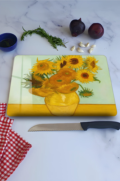 Sunflowers Themed Tempered Glass Cutting Board 21X30 cm Size Uv Printing - Ckt027
