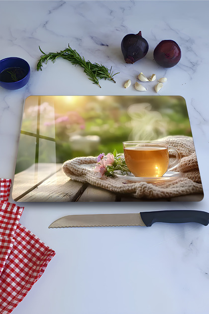 Hot Tea and Nature View Tempered Glass Cutting Board 21X30 cm Size Uv Printing - Ckt011