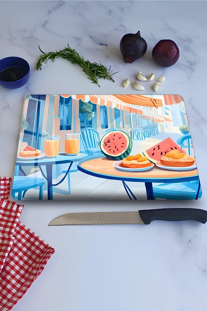 Mediterranean Breakfast Themed Tempered Glass Cutting Board 21X30 cm Uv Printing - Ckt063