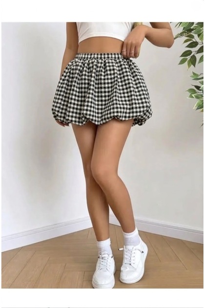 Gingham Mini Balloon Skirt with Shorts