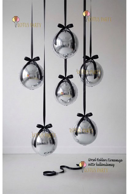 Silver Globe Balloon - Shiny Globe Balloon - Hanging Globe Balloon Set - Silver Globe Black Ribbon