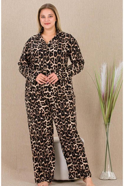 Leopard Woven Fabric Button-Front Plus Size Pajama Set