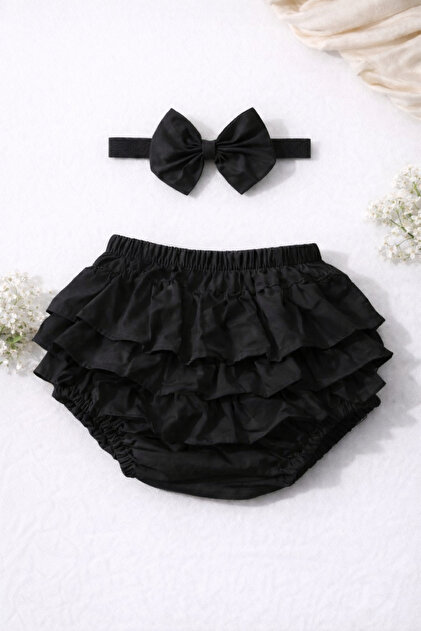Kız Bebek Siyah Fırfırlı Şort & Bandana Takım
