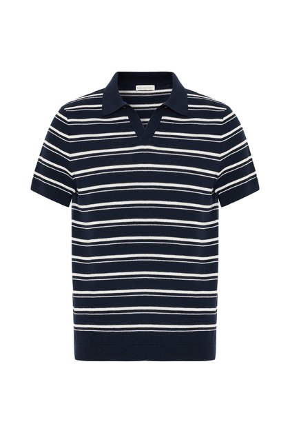 Men's Navy Blue Striped Polo Collar Short Sleeve Knit Sweater
