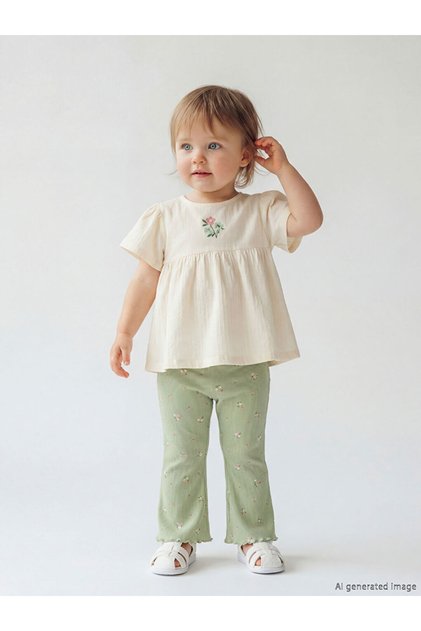 Beige Beige Floral Patterned Baby Girl Blouse and Leggings