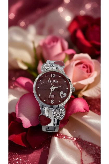 Silver Color Stone Heart Bracelet Claret Red Dial Zircon Stone Women's Wristwatch