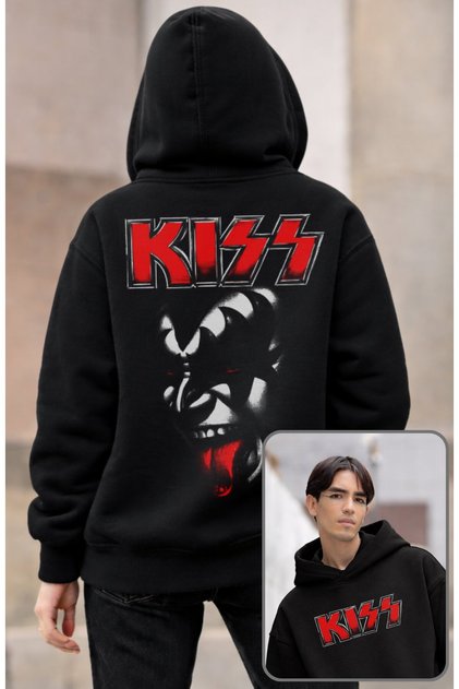 Unisex Kiss Back Printed Hooded Sweatshirt, Oversized Rock Band Themed Hoodie