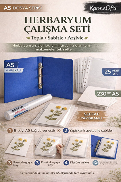 KarmaOfis A5 Herbaryum Çalışma Seti–4 Halkalı Klasör+25 Poşet