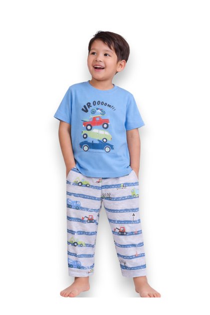 Boys Car Print Cotton Pajama Set – T-Shirt & Full Pants Nightwear