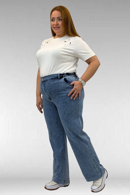 59024 Large Size Jeans with Stone Detail on the Hem - Light Blue