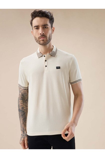 Waffle Textured Regular Fit White Polo T Shirt