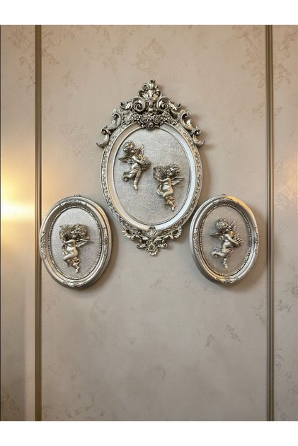 Dekoratif Polyester Üçlü Duvara Asmalı Melek Tablo Gümüş Eskitme