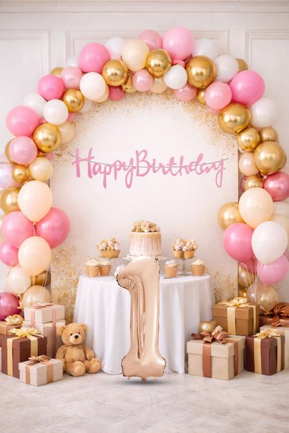 Birthday Set with Pump Gift Banner Gold Pink Sand Beige White Balloons Rose Gold Number