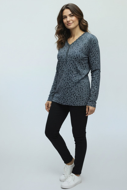 Women's V-Neck Lace Detailled Patterned Lycra Summer Blouse
