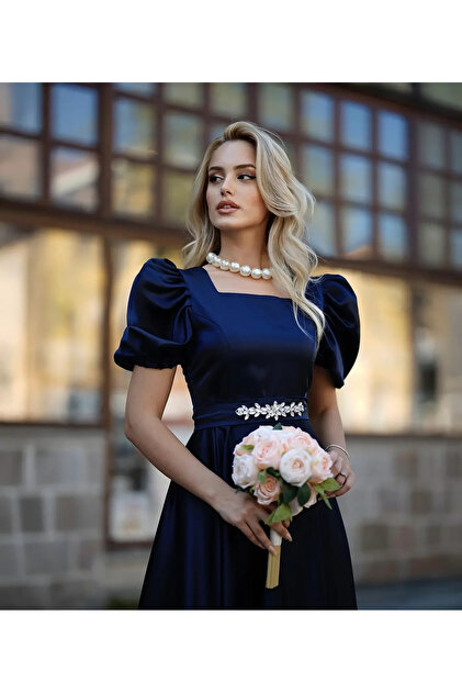 bysoca Women's Navy Blue Square Neck Watermelon Sleeve Stone Embroidered K  Belt I Satin Long Evening Dress- Trendyol