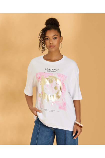 Women White Placement Print Oversized T-Shirt