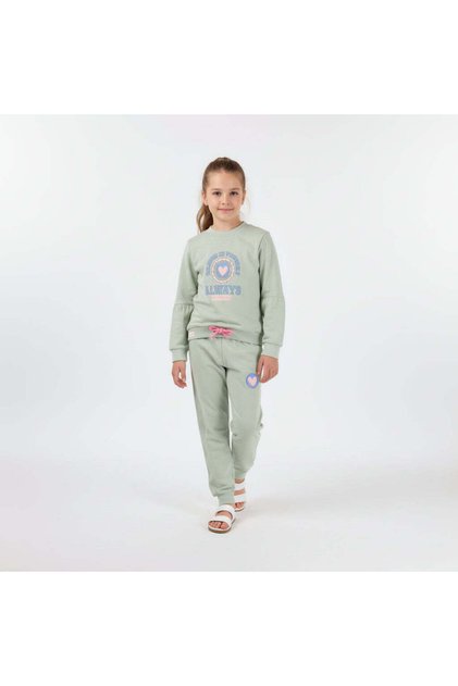 Girls Light Green Printed Sweat Top And Jogger Set