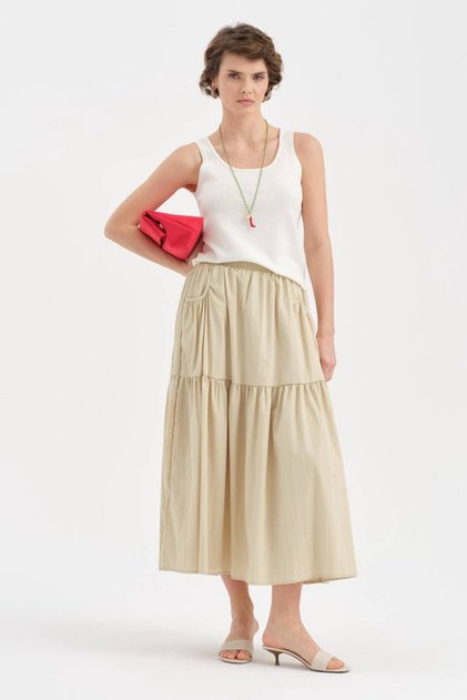 Women's Elastic Waist Inside a Lined Design Long Skirt