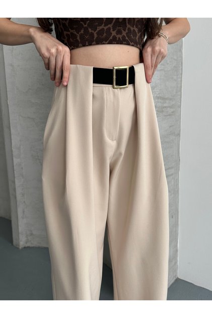 Women's Beige Bridge Detailed Set of Belt Palazzo Pants