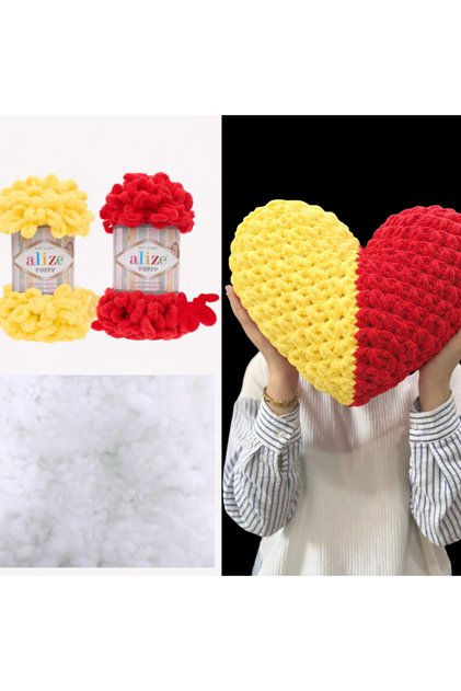 Fan Heart Pillow Set - 2 Puffy Pieces (216 - 56) Yellow/Red and 200 Gr. Bead Fiber
