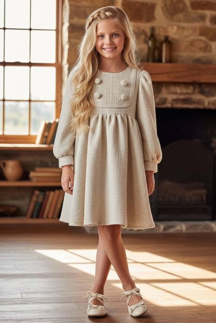 Girl's Beige Chanel Dress with Collar and Button Detail, Pleated Cuffs at the Wrists
