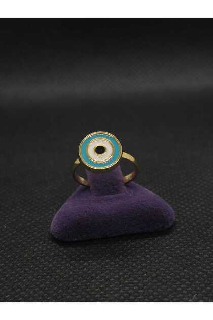 Nazarlık Model Blue Eye Steel Children's Ring with Enamel Work, Yellow Gold Color Plated, Adjustable Size