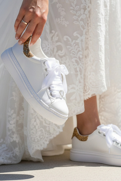White Flat Sole Sports Bridal Shoes with Gold Glitter Heel Detail, Comfortable Evening Dress Wedding Dress Shoes