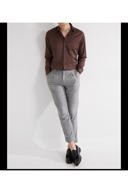 Slim Fit Long Sleeve Easy Ironing Sweat-Absorbing Breathable Texture Tie-Up Four Seasons Burgundy Men's Shirt