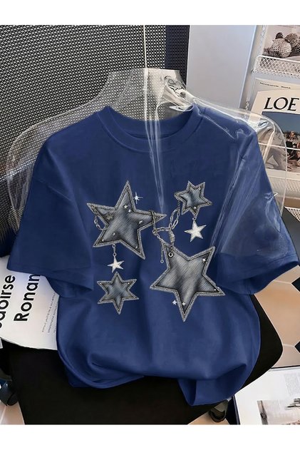 Y2K Aesthetic Denim Star Detail Short-Sleeve T-Shirt