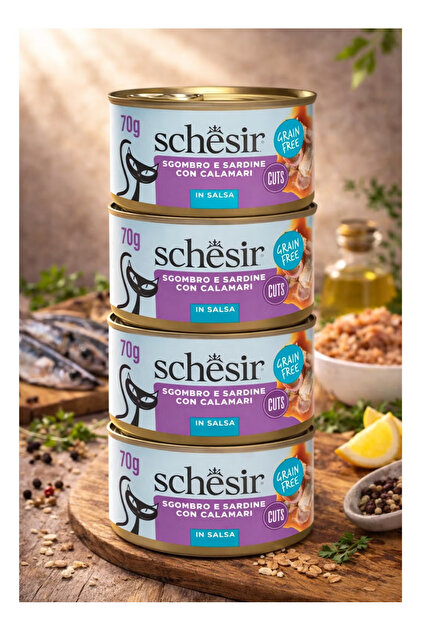 طعام رطب للقطط البالغة قطع في الصلصة بالمكريل والسردين مع الكلماري -4 علب سعة كل منها 70 جرام.