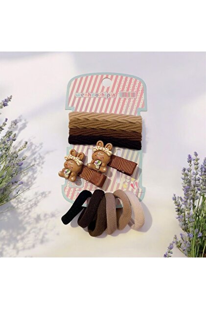Baby Girl Child 12-Piece Buckle Set 2 Clips 10 Rubber Buckles Coffee Cream with Rabbit Figure