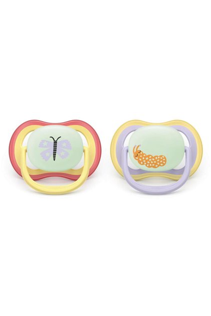 Set 2 suzete Avent Ultra Air SCF376/25,fara BPA, 0-6 luni,fosforescent,violet/galben