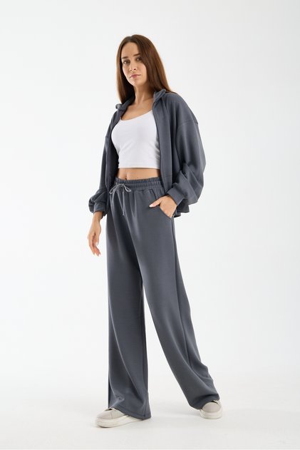 Kadın Bol Paça Büzgü Bel Detaylı Eşofman Takımı Cepli Bağcıklı - Wide Leg Tracksuit Set