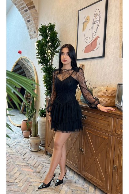Long Sleeve Flock Print Sheer Layered Skirt Tulle Short Dress