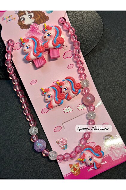 QUEEN AKSESUAR Sevimli unicorn 5li pembe boncuklu pensli lastikli
