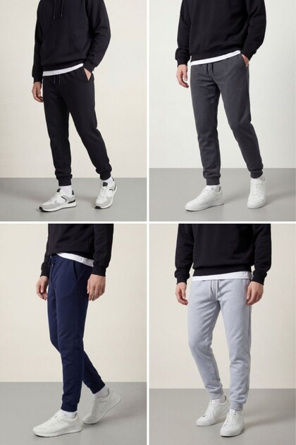 Men's Black-Navy Blue-Anthracite-Grey Back Pocket Label Detailed Elasticized Cuffs Regular Fit 4-Piece Sweatpants