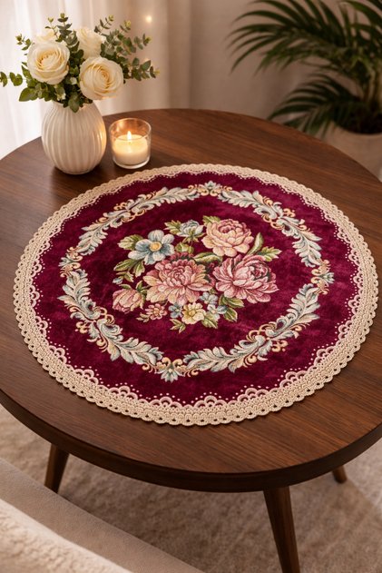 Royal Bouquet Goblen Fiskos Cover – 50 cm Round Decorative Coffee Table Cover