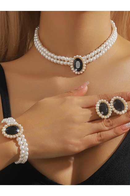 3-Piece Pearl Embellished Layered Necklace, Bracelet and Earrings Jewelry Set