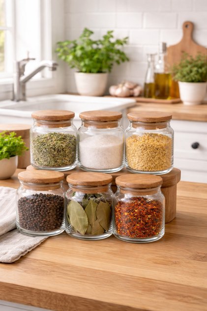Pureglass Set of 6 300 ml Vacuum Glass Spice Containers with Natural Wooden Lids – Labeled, Leak-Proof Lids