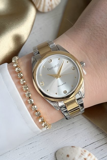 New Model Steel Bracelet Gold / Metallic Women's Wristwatch + Stone Bracelet