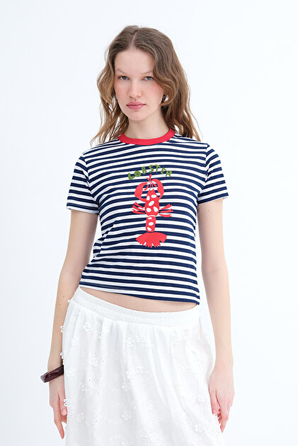 105★ puppilyhils オロク 06 Bit Fringe Tee Addax Çizgili Baskılı T-shirt P10632 - Fiyatı, Yorumları