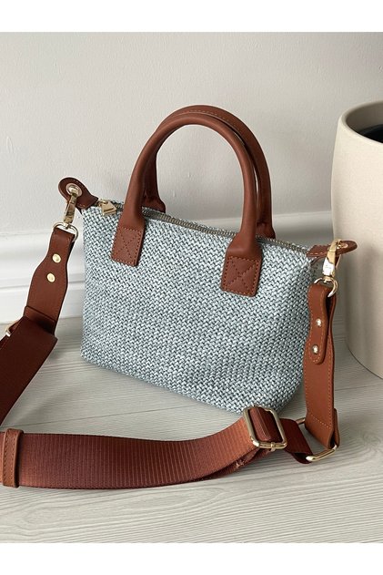Gray-Tan Straw Women's Mini Letter Model Handbag and Shoulder Bag