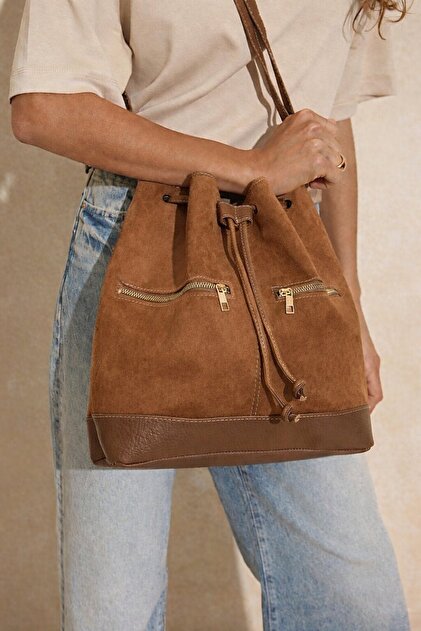 Brown Suede Ruched Pocketed Straps Women's Shoulder Bag