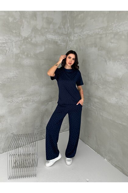 Women's Crew Neck Stone Detailed Pocketed Shiny Double Set