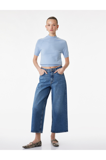 Kısa Geniş Paça Pamuklu Regular Fit Denim Pantolon - Crop Wide Leg Jeans
